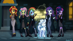 Size: 5702x3205 | Tagged: safe, artist:lunebat, fluttershy, rainbow dash, rarity, sunset shimmer, twilight sparkle, equestria girls, clothes, crossover, fanfic art, group, gryffindor, harry potter, high heels, mary janes, pants, patronus, pleated skirt, robes, shoes, skirt, socks