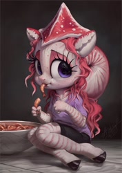 Size: 850x1200 | Tagged: safe, artist:assasinmonkey, derpibooru import, oc, oc only, oc:nautila, anthro, shrimp, unguligrade anthro, anthro oc, clothes, eating, female, nautilus, nautilus pony, shirt, shorts, sitting, solo, t-shirt, tentacle hair, tentacles, younger