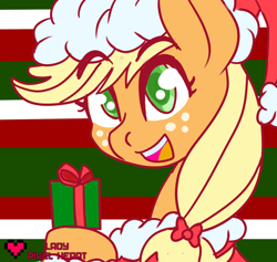 Size: 1280x1212 | Tagged: safe, artist:ladypixelheart, part of a set, applejack, earth pony, pony, bow, christmas, hat, icon, present, santa hat, solo