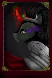 Size: 2000x3000 | Tagged: safe, artist:amywhooves, derpibooru import, king sombra, pony, unicorn, cape, clothes, crossover, dark magic, magic, male, musical, solo, stallion, the master and margarita