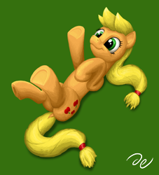 Size: 1048x1152 | Tagged: safe, artist:da-exile, applejack, earth pony, pony, atg 2014, cute, female, jackabetes, legs in air, looking up, mare, missing accessory, newbie artist training grounds, on back, signature, smiling, solo, underhoof