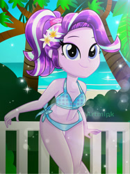 Size: 1800x2401 | Tagged: safe, artist:artmlpk, starlight glimmer, equestria girls, adorable face, adorasexy, adorkable, alternate hairstyle, beach, bikini, clothes, cute, digital art, dork, flower, flower in hair, glimmerbetes, hips, looking at you, ocean, palm tree, plant, ponytail, scrunchie, sexy, smiling, smiling at you, solo, swimsuit, thighs, tree, two-piece swimsuit, water, watermark