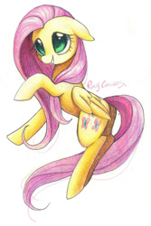 Size: 1000x1500 | Tagged: safe, artist:rocy canvas, fluttershy, pegasus, pony, floppy ears, simple background, smiling, traditional art, white background