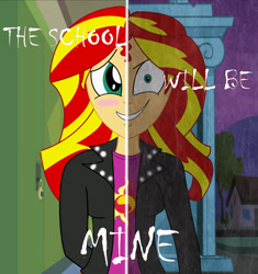 Size: 2164x2298 | Tagged: safe, artist:anonix123, sunset shimmer, equestria girls, equestria girls (movie), blushing, edgy, evil, evil grin, female, grin, looking at you, smiling, solo, two sided posters, two sides