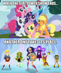 Size: 600x715 | Tagged: safe, derpibooru import, edit, edited screencap, screencap, applejack, fluttershy, pinkie pie, rainbow dash, rarity, twilight sparkle, unicorn twilight, earth pony, pegasus, pony, unicorn, barbara gordon, batgirl, bumblebee, dc comics, dc superhero girls, green lantern, mane six, mane six opening poses, meme, op is a cuck, op is trying to start shit, supergirl, wonder woman, zatanna