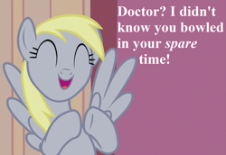 Size: 1568x1080 | Tagged: safe, edit, edited screencap, screencap, derpy hooves, slice of life (episode), bowling alley, cropped, cute, derpabetes, implied doctor whooves, pun, speech, talking