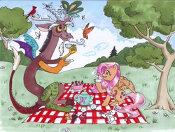 Size: 1648x1243 | Tagged: safe, artist:zaionczyk, angel bunny, discord, fluttershy, bird, breezie, butterfly, pegasus, pony, cake, picnic, tea, traditional art