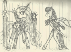 Size: 4022x2958 | Tagged: safe, artist:frostspear, octavia melody, princess celestia, alicorn, earth pony, pony, bipedal, lined paper, mace, monochrome, sword, traditional art, weapon