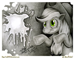 Size: 1000x780 | Tagged: safe, artist:todd18, applejack, earth pony, pony, applejack's hat, female, freckles, gradient background, grayscale, green eyes, mare, smiling, solo, underhoof