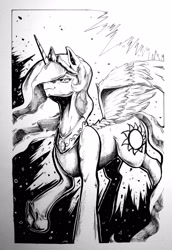 Size: 1100x1600 | Tagged: safe, artist:aerolp, princess celestia, alicorn, pony, black and white, flying, grayscale, inktober, monochrome, solo, sun, traditional art