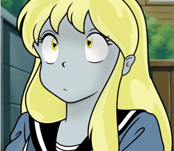 Size: 2235x1952 | Tagged: safe, anonymous artist, derpy hooves, human, anime, female, humanized, pony coloring, solo, underp, urusei yatsura