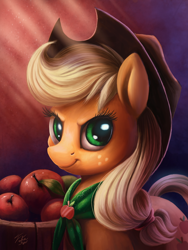 Size: 900x1200 | Tagged: safe, artist:tsitra360, applejack, earth pony, pony, the best night ever, bust, looking at you, portrait, smiling, solo, three quarter view