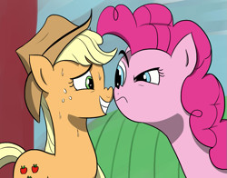 Size: 883x691 | Tagged: safe, artist:varemia, applejack, pinkie pie, earth pony, pony, party of one, grin, nose wrinkle, scene interpretation, stare, sweat