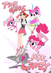 Size: 1267x1800 | Tagged: safe, artist:didj, pinkie pie, earth pony, pony, crossover, female, insanity, lego, littlest pet shop, magnhild, mare, minka mark, multeity, nora valkyrie, pink, rwby, simple background, the lego movie, too much pink energy is dangerous, unikitty, white background