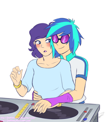 Size: 2446x2846 | Tagged: safe, artist:feellikeaplat, dj pon-3, rarity, vinyl scratch, equestria girls, blushing, dj table, female, humanized, lesbian, open mouth, rariscratch, shipping, simple background, smiling, sunglasses, white background