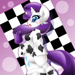 Size: 2000x2000 | Tagged: safe, artist:ragurimo, rarity, pony, semi-anthro, unicorn, blushing, bottomless, clothes, covering, cowprint, eyeshadow, looking at you, looking back, makeup, partial nudity, solo