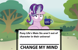 Size: 1024x662 | Tagged: safe, artist:aleximusprime, edit, starlight glimmer, pony, unicorn, my little pony: pony life, :i, bush, change my mind, female, flower, glowing horn, horn, levitation, magic, mare, mug, multicolored mane, pink coat, sign, signature, sitting, solo, table, telekinesis, text, tree