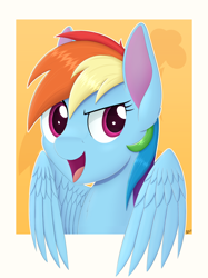 Size: 2622x3508 | Tagged: safe, artist:arcane-thunder, derpibooru import, rainbow dash, pegasus, pony, bust, female, mare, open mouth, portrait, simple background, smiling, solo