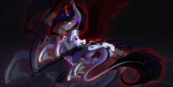 Size: 3438x1745 | Tagged: safe, artist:wilvarin-liadon, derpibooru import, king sombra, pony, unicorn, armor, curved horn, leonine tail, male, rearing, smiling, solo, sombra eyes, stallion, wings, zoom layer