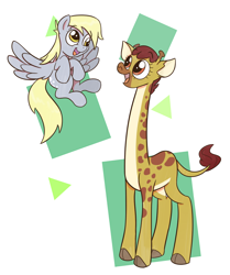 Size: 1806x2160 | Tagged: safe, artist:cookieboy011, clementine, derpy hooves, giraffe, pegasus, pony, abstract background, cute, derpabetes, duo, female, flying, happy, mare, pale belly