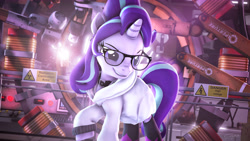 Size: 7680x4320 | Tagged: safe, artist:calveen, starlight glimmer, pony, unicorn, 3d, 8k, absurd resolution, alternate hairstyle, aperture science, badass, boots, clothes, coat, collar, female, glasses, laboratory, mare, portal (valve), scientist, shoes, sign, smiling, solo, source filmmaker, welding