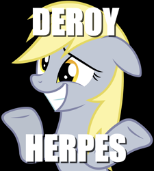 Size: 1280x1424 | Tagged: safe, edit, derpy hooves, pegasus, pony, black background, caption, female, image macro, impact font, mare, meme, shrug, simple background, solo, text