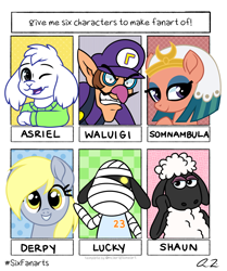 Size: 1072x1280 | Tagged: safe, artist:iheartjapan789, derpy hooves, somnambula, anthro, dog, goat, human, pegasus, pony, sheep, angry, animal crossing, anthro with ponies, asriel dreemurr, bandage, clothes, crossover, female, hat, male, mare, nintendo, one eye closed, shaun the sheep, six fanarts, super mario bros., undertale, waluigi, wink