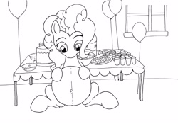 Size: 3334x2338 | Tagged: safe, artist:seenty, pinkie pie, earth pony, pony, belly, belly button, looking down, monochrome, party, preggy pie, pregnant, solo