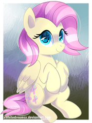 Size: 1394x1866 | Tagged: safe, artist:xwhitedreamsx, fluttershy, pegasus, pony, alternate hairstyle, cute, shyabetes, sitting, solo