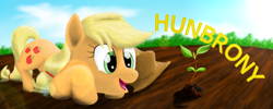 Size: 1000x400 | Tagged: safe, artist:the1xeno1, applejack, earth pony, pony, hatless, missing accessory, sapling, solo, spring