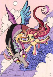 Size: 2184x3129 | Tagged: safe, artist:inverseskies, discord, fluttershy, pegasus, pony, discoshy, female, male, shipping, straight