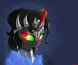 Size: 1866x1554 | Tagged: safe, artist:kirasunnight, derpibooru import, king sombra, queen umbra, pony, unicorn, black hair, black mane, bust, crown, crystal, female, glowing eyes, green eyes, jewelry, mare, red eyes, regalia, rule 63, smiling, solo