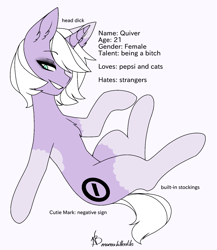 Size: 1300x1500 | Tagged: safe, artist:mamakitten, oc, oc only, oc:quiver, pony, unicorn, clothes, cutie mark, female, mare, pepsi, reference sheet, signature, simple background, smiling, soda, solo, stockings, thigh highs, vulgar