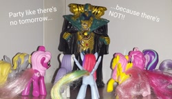 Size: 1280x735 | Tagged: safe, artist:dex stewart, cheerilee, derpy hooves, fluttershy, maud pie, pinkie pie, rainbow dash, starlight glimmer, earth pony, pegasus, pony, unicorn, bandai, burger king toys, funko, master vile, mighty morphin power rangers, ninja sentai kakuranger, power rangers, quote, toy