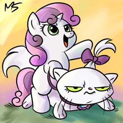 Size: 945x945 | Tagged: safe, artist:megasweet, artist:rustydooks, opalescence, sweetie belle, pony, unicorn, colored, duo, female, filly, pet, ponies riding cats, riding