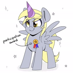 Size: 2048x2048 | Tagged: safe, artist:partylikeanartist, derpy hooves, pegasus, pony, my little pony: the movie, award, cute, derpabetes, hat, high res, participation ribbon, party hat, prize, ribbon, simple background, solo, stars, text, white background