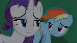 Size: 1670x938 | Tagged: safe, derpibooru import, screencap, rainbow dash, rarity, pegasus, pony, unicorn, dragon quest, cropped, cutie mark, disappointed, duo, female, frown, lidded eyes, looking at each other, mare, raised eyebrow