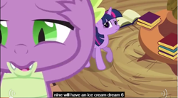 Size: 641x354 | Tagged: safe, derpibooru import, screencap, spike, twilight sparkle, dragon, it's about time, golden oaks library, meme, youtube caption