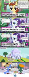 Size: 1000x2631 | Tagged: safe, artist:red4567, octavia melody, rarity, earth pony, pony, unicorn, caviar, charity, comic, donations, element of generosity, fountain, generosity, lottery, lucky, microphone, news, orphan, orphanage, orphans, ponyville, reporter, rich