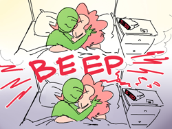 Size: 1000x750 | Tagged: safe, artist:nobody, edit, pinkie pie, oc, oc:anon, human, series:anon's alarm clock, alarm clock, bed, dream, female, good end, male, snuggling, straight