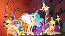 Size: 1191x670 | Tagged: safe, artist:ggalleonalliance, artist:osipush, applejack, princess celestia, spitfire, sunshine smiles, twilight sparkle, alicorn, earth pony, pony, armor, cape, celestial alliance, cloak, clothes, glowing horn, goggles, heroes of might and magic, lance, lasso, ponies of flight and magic, rope, saddle, spear, weapon