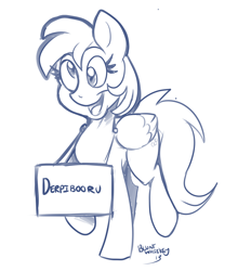 Size: 1308x1488 | Tagged: safe, artist:bluntwhiskey, derpibooru import, derpy hooves, pegasus, pony, derpibooru, female, happy, mare, monochrome, sign, solo