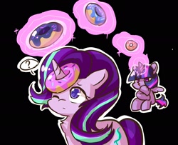 Size: 1963x1595 | Tagged: safe, artist:yilo995780779, starlight glimmer, twilight sparkle, twilight sparkle (alicorn), alicorn, pony, unicorn, black background, chest fluff, confused, cute, donut, food, glowing horn, horn, magic, one eye closed, simple background, speech bubble, telekinesis