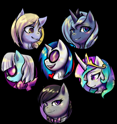 Size: 900x959 | Tagged: safe, artist:tentabuddies-n-co, derpy hooves, dj pon-3, octavia melody, photo finish, princess celestia, princess luna, vinyl scratch, alicorn, earth pony, pony, black background, bust, crown, female, jewelry, mare, open mouth, portrait, profile, regalia, s1 luna, simple background