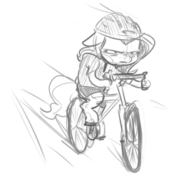 Size: 1185x1214 | Tagged: safe, artist:nobody, fluttershy, pegasus, pony, semi-anthro, bicycle, bike shorts, clothes, floppy ears, frown, glare, helmet, hoof hold, monochrome, shirt, sketch, solo