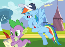 Size: 1288x938 | Tagged: safe, derpibooru import, screencap, rainbow dash, spike, dragon, pegasus, pony, hurricane fluttershy, coach rainbow dash, cropped, duo, fangs, female, flying, lidded eyes, male, mare, notepad, quill, raised hoof, smiling, spread wings, wings, writing