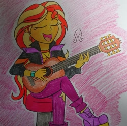 Size: 1280x1271 | Tagged: safe, artist:malevolentsamson, sunset shimmer, better together, equestria girls, acoustic guitar, eyes closed, guitar, sitting, solo, stool, traditional art