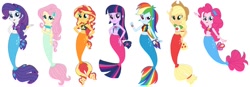 Size: 1024x358 | Tagged: safe, artist:cruelladevil84, applejack, fluttershy, pinkie pie, rainbow dash, rarity, sunset shimmer, twilight sparkle, twilight sparkle (alicorn), alicorn, mermaid, equestria girls, clothes, cowboy hat, fins, hat, humane five, humane seven, humane six, mermaid princess, mermaid tail, mermaidized, simple background, species swap, tail, white background