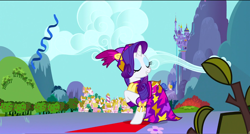 Size: 1360x730 | Tagged: safe, screencap, rarity, pony, unicorn, dragon quest, clothes, dazzle camouflage, dress, eyes closed, solo, streamers