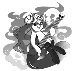 Size: 3000x2924 | Tagged: safe, artist:tentacuddles, oc, oc:ebony bloodrose, ghost, pony, unicorn, buck legacy, card art, clothes, female, guitar, hat, looking at you, mare, simple background, skull, solo, stockings, thigh highs, transparent background, transparent mane